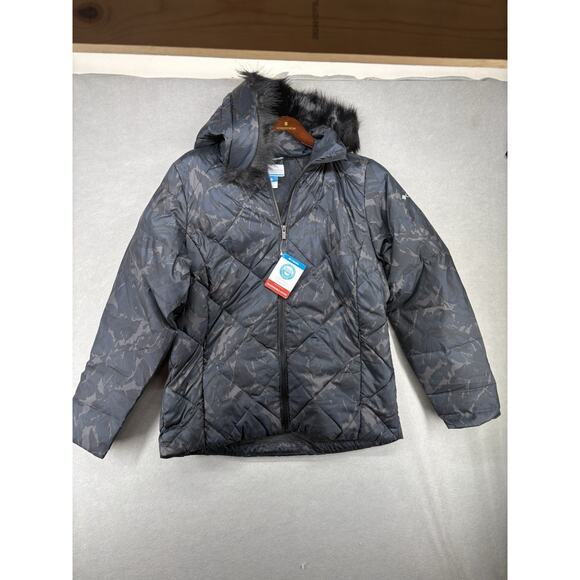 Columbia Women's Icy Heights II Hooded Down Jacket Size L Black Camo New - Picture 1 of 10